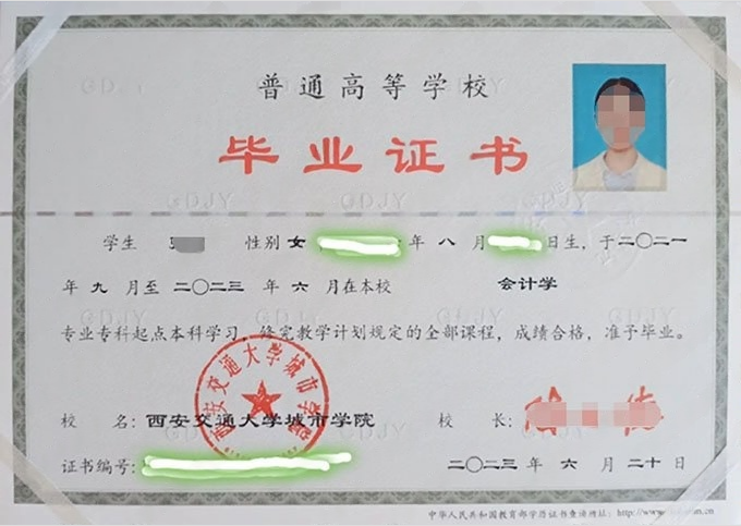 西安交通大学城市学院2023年普通全日制专科起点本科毕业证书样本图片（会计学）